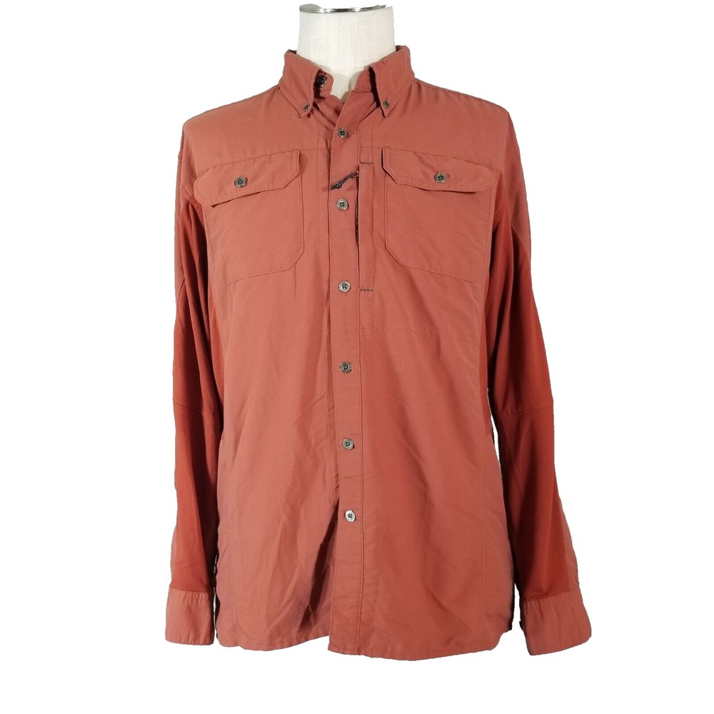 Wrangler Shirt Mens M Orange Outdoor Long Sleeve Nylon Stretch Button Up Vented